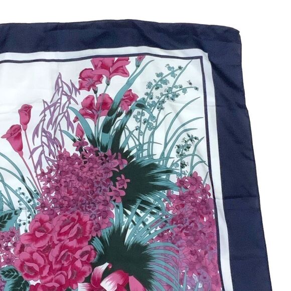 OVERSEAS ADVANTAGE Blue Pink Floral Print Square Neck Scarf 24” X 26” Square - Picture 6 of 9